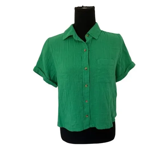 Old Navy Crinkle Gauze Button Down Shirt Green Loose Fit Short Sleeve NWT XS - Picture 4 of 11